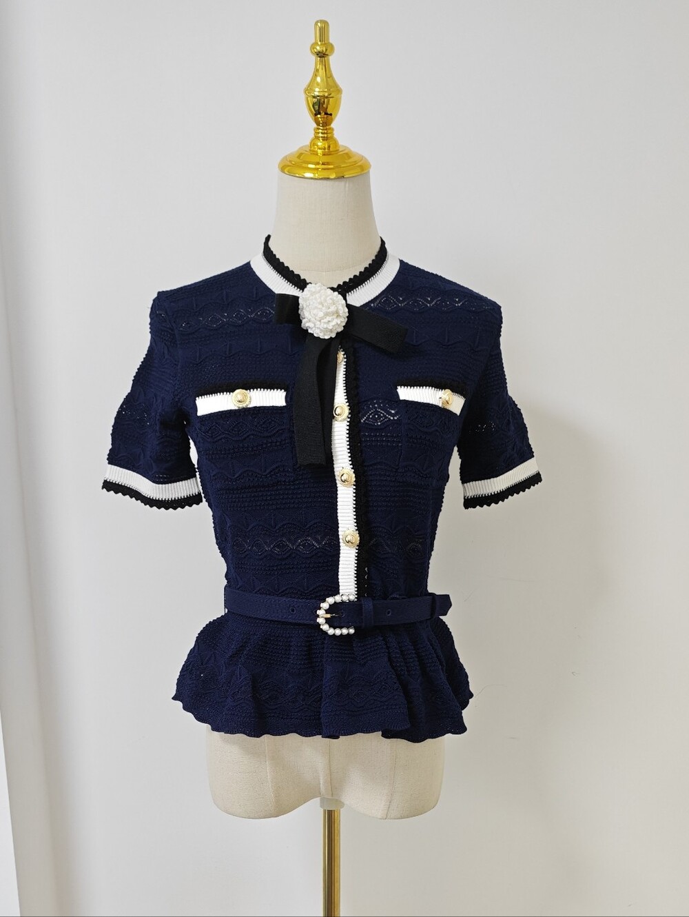 Self Portrait Navy Peplum Pointelle Knit Top - Picture 6 of 13